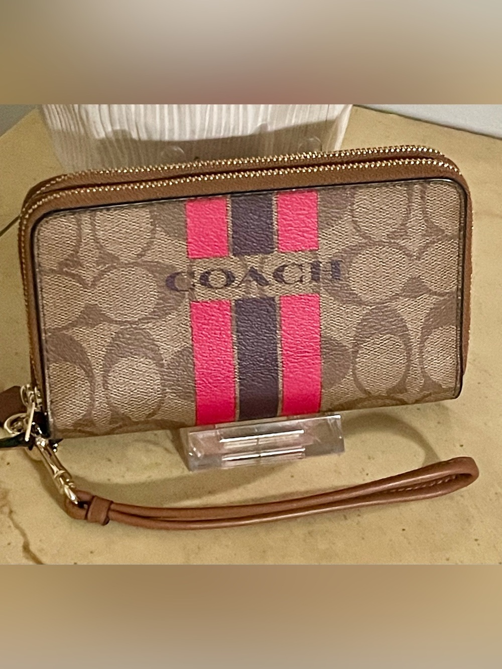 Coach Monogram Double Zip Wristlet with Pink and Brown Stripes EUC